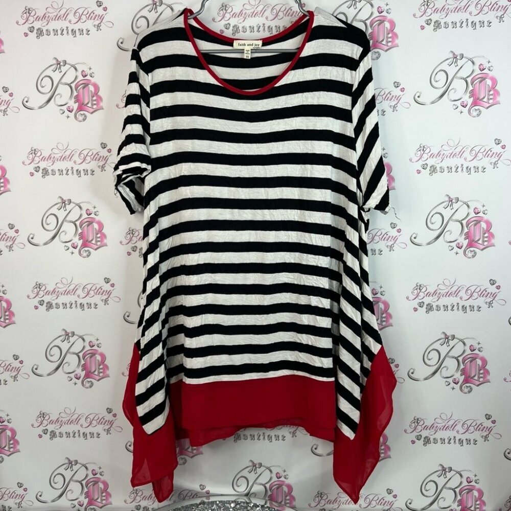 Faith and Joy tshirt tee long sleeve Black and White Striped Tee with Red Hem